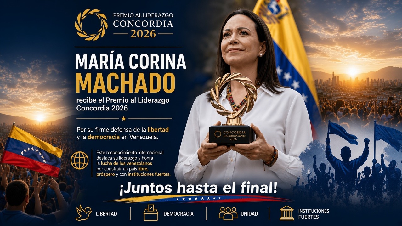 María Corina Machado es galardonada con el prestigioso Premio al Liderazgo Concordia 2026